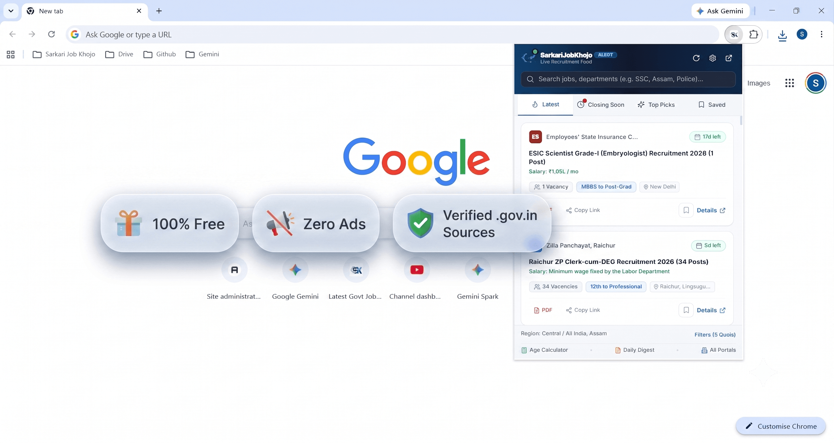 Sarkari Job Alert Chrome Extension popup interface showing live SSC, UPSC and Railway job alerts